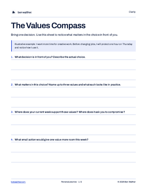 First page of The Values Compass; the PDF also includes a personal next-step sheet